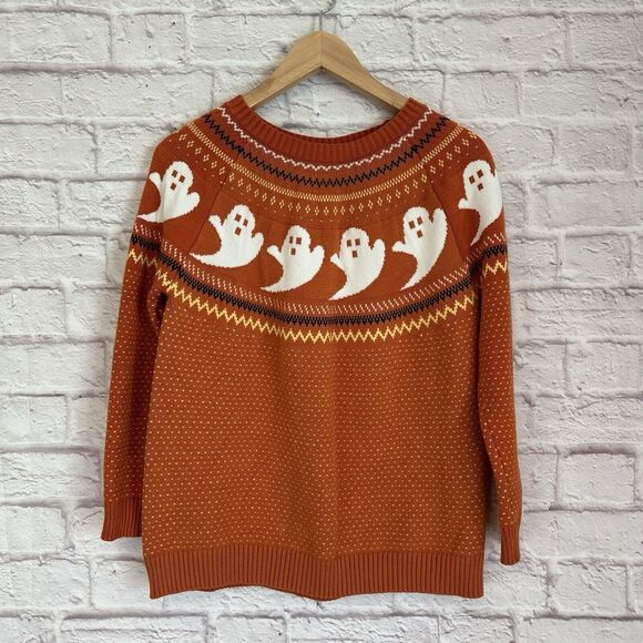 Halloween Spooky Ghost Knit Sweater Fair Isle Polka Dot Orange - Picture 3 of 4